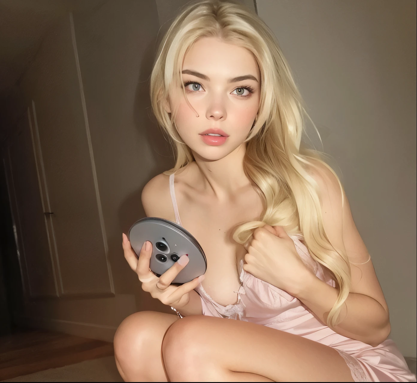 mujer rubia con un vestido rosa sosteniendo un control remoto, anya taylor joy, dressed anya taylor - joy, Modelo de Instagram, anya taylor - joy, Anya Taylor-Joy, Diosa rubia, Dasha Taran, Modelo muy bonita, Madre_Taylor-Joy, Una hermosa rubia, Anna Nikolanova aka Newmilky, Cabello largo y rubio y ojos grandes