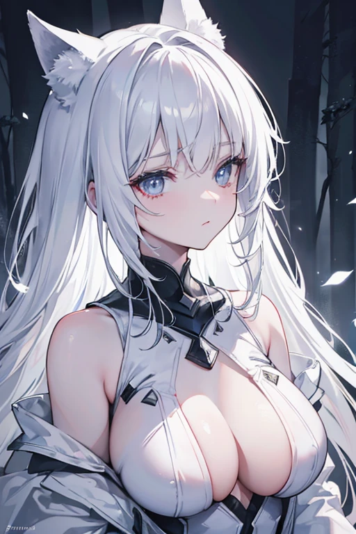 White-haired loli，Handsome, Fair skin, Silver-white eyes, White wolf ears，In the forest of movie lights, Dark and low light. Wear a white bondage suit,  Her skin is fair, Her face is exquisite and flawless, tmasterpiece, Art of the highest quality. This image is a very detailed 8K CG wallpaper, Featuring artistic cinematic lighting and cinematic tones with neutral filters.