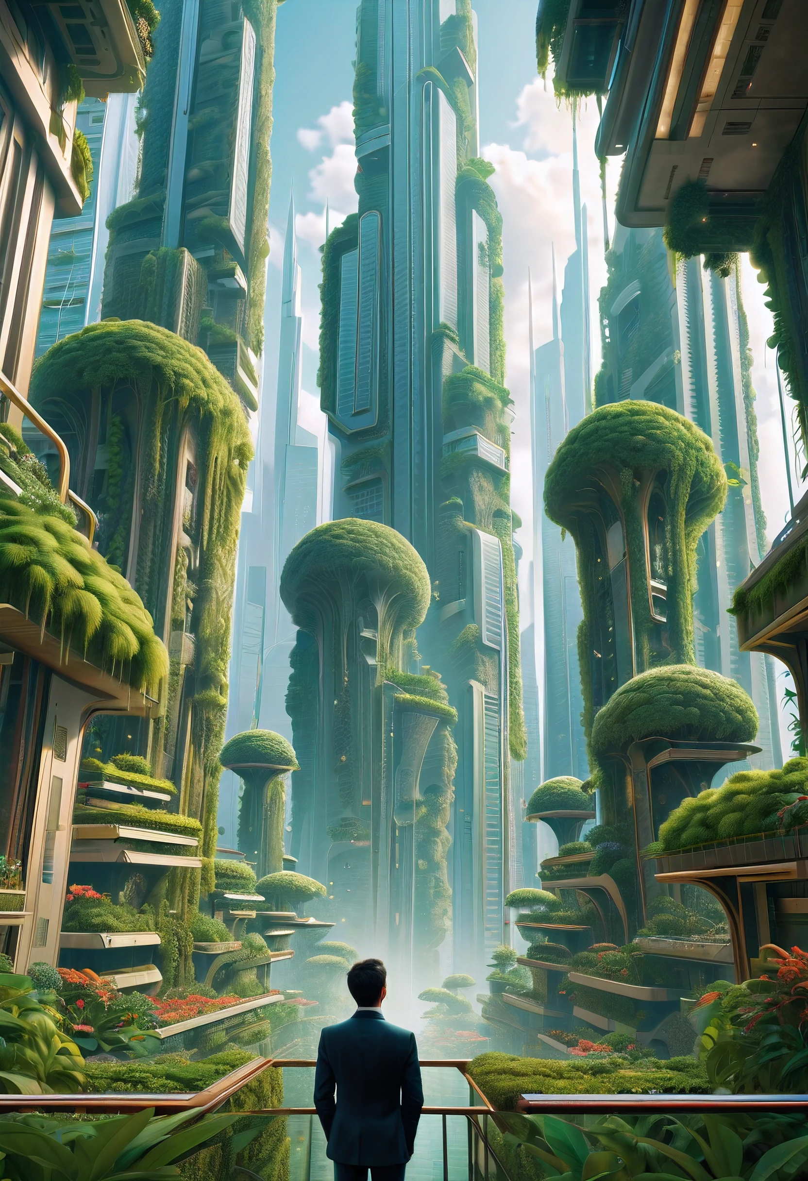 A man in everyday attire, gazing upward in awe at towering skyscrapers and floating gardens in a utopian city. His expression reflects a mix of admiration and pride. Best quality, intricate details, clean lines, eye-catching composition, soft tones, semi-realism, perfect illustration, dynamic pose, ample headroom, masterpiece, Basic Quality, realistically, The content is very detailed, （The is very detailed的 CG unified 8k 壁纸),（Best quality,（The best illustrations, （The best shadow, Very detailed pictures,（8K, Best quality）hyper realistic, （Luminous illumination, ambient lighting, chilly, gloomily, Best quality, anatomically correct, UHD