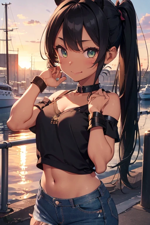 nsfw、masterpiece、best quality、super detailed dark skin、1catgirl、(((adult woman face)))、jade green eyes、dark skin、cat ears、horse tail、hair/(braided side pigtails)、flipped hair、midnight black hair、cleavage、(arms free)、(shoulders free)、(neck free)、wrists/(bracelets:1.3)、upper arms/(leather wristbands:1.3)、top/(small torn top:1.3)、pants/(small tight torn denim hot pants)、background/(sunset city-harbor)、evil smile、mischievous face expression、sticking tongue out