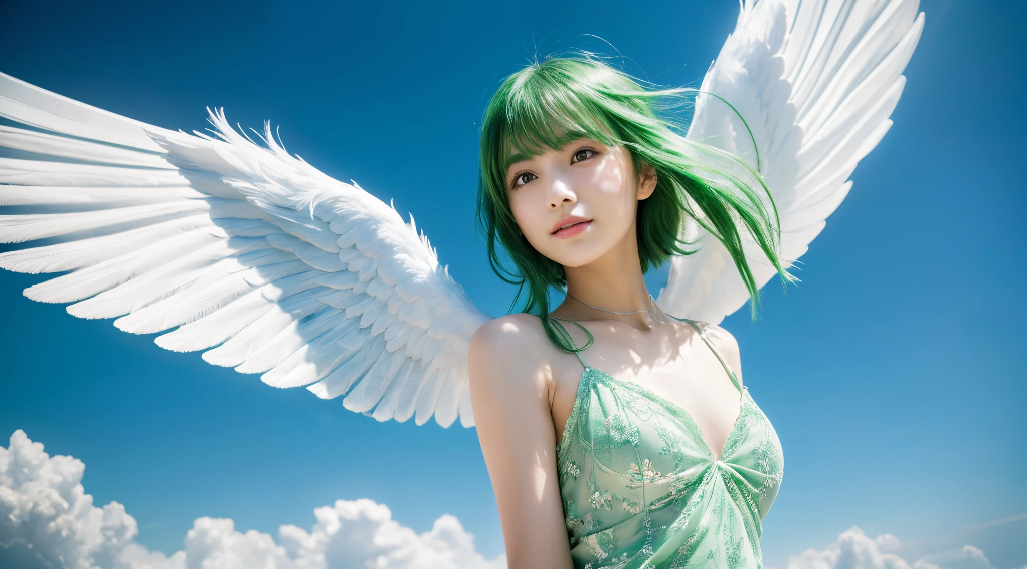 (top-quality,8K picture quality,​masterpiece:1.3,),(超A high resolution,Photorealsitic:1.4,Raw photography),(ultra-detailliert,Caustics,perfect anatomia),(Ultra-realistic capture,Beautifully detailed skin),(A girl flies in the sky with big angel wings on her back:1.1),(Floating in the air:1.1),green colored hair,smil,stares at the camera,Simple white dress,(Low position:1.3),(low angles:1.2),Skysky,​​clouds,llight rays,natural soft light
