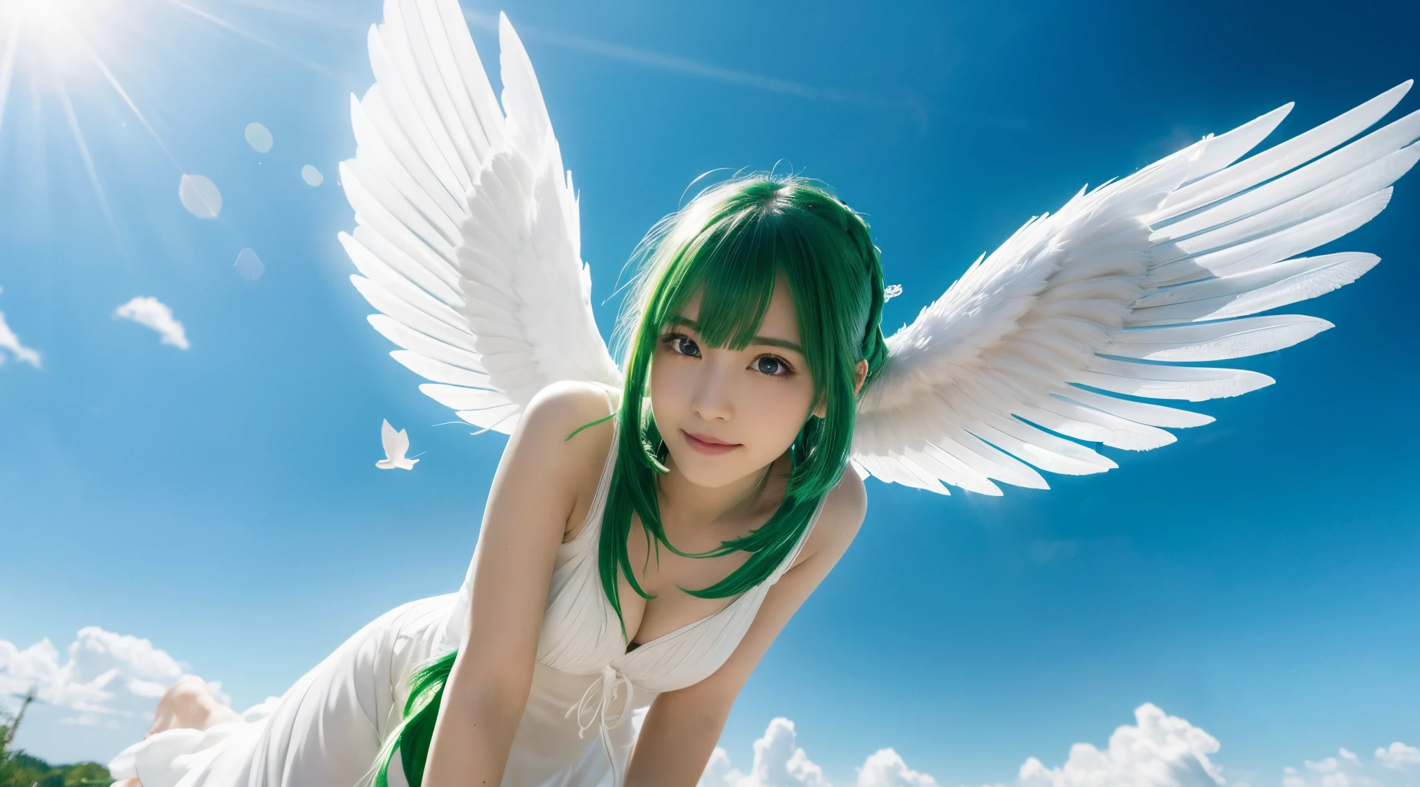 (top-quality,8K picture quality,​masterpiece:1.3,),(超A high resolution,Photorealsitic:1.4,Raw photography),(ultra-detailliert,Caustics,perfect anatomia),(Ultra-realistic capture,Beautifully detailed skin),(A girl flies in the sky with big angel wings on her back:1.1),(Floating in the air:1.1),green colored hair,smil,stares at the camera,Simple white dress,(Low position:1.3),(low angles:1.2),Skysky,​​clouds,llight rays,natural soft light