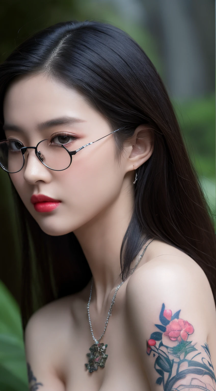 A close up of a woman with glasses and a tattoo on her arm - SeaArt AI