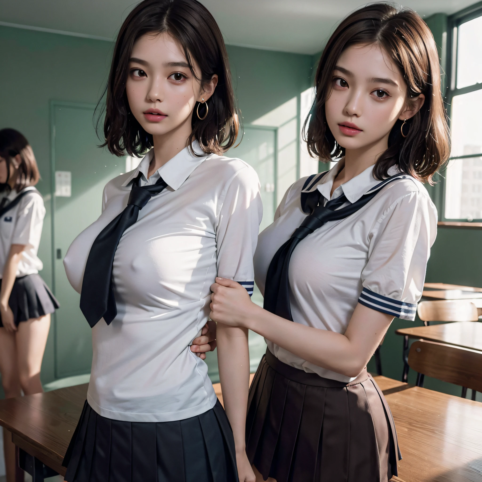 absurderes, Raw photo, Extremely delicate and beautiful, masutepiece, Best Quality, Ultra High Resolution, 16 K, hyper realisitic, Ultra-detailed, Perfect Anatomy, super detailed skin, Perfect figure, Very detailed CG 8k wallpaper, in her 20s, Very slim body, Narrow waist, Very small head, Very small face, Delicate facial features, tear moles, Earring, thin legs, (very massive round chest), Full body shot, Short hair, (Wavy Hair), (light brown hair), (Wet clothes), (3 girls), ((School uniform)),