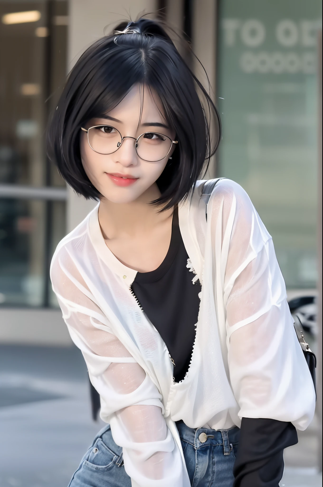 best quality, (photorealistic:1.2), 1girl, solo, shiny skin, detailed face, face focus, black hair, (glasses), bob cut, (looking at viewer:1.5), black eyes, (one eye closed), white shirt, torn jeans,