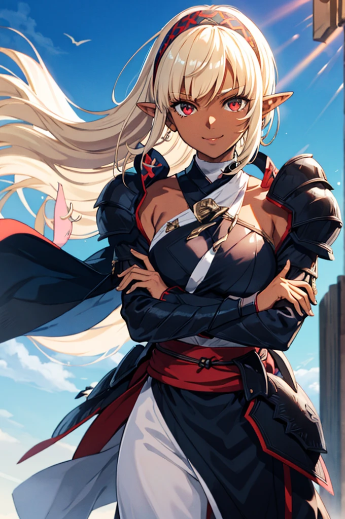 hairband, upper body, sash, blue sky, Standing at attention, dynamic pose, crossed arms, long black coat, blue armor, shoulder armor, long pointy ears, dark elf, dark skin, blonde hair, long hair, Side ponytail, (dark-skinned female:1.2), red eyes, 1 girl, 20yo,Young female, Beautiful Finger, Beautiful long legs, Beautiful body, Beautiful Nose, Beautiful character design, perfect eyes, perfect face, expressive eyes, looking at viewer, (Focus on her face), Light_smile, closed mouth, official art, extremely detailed CG unity 8k