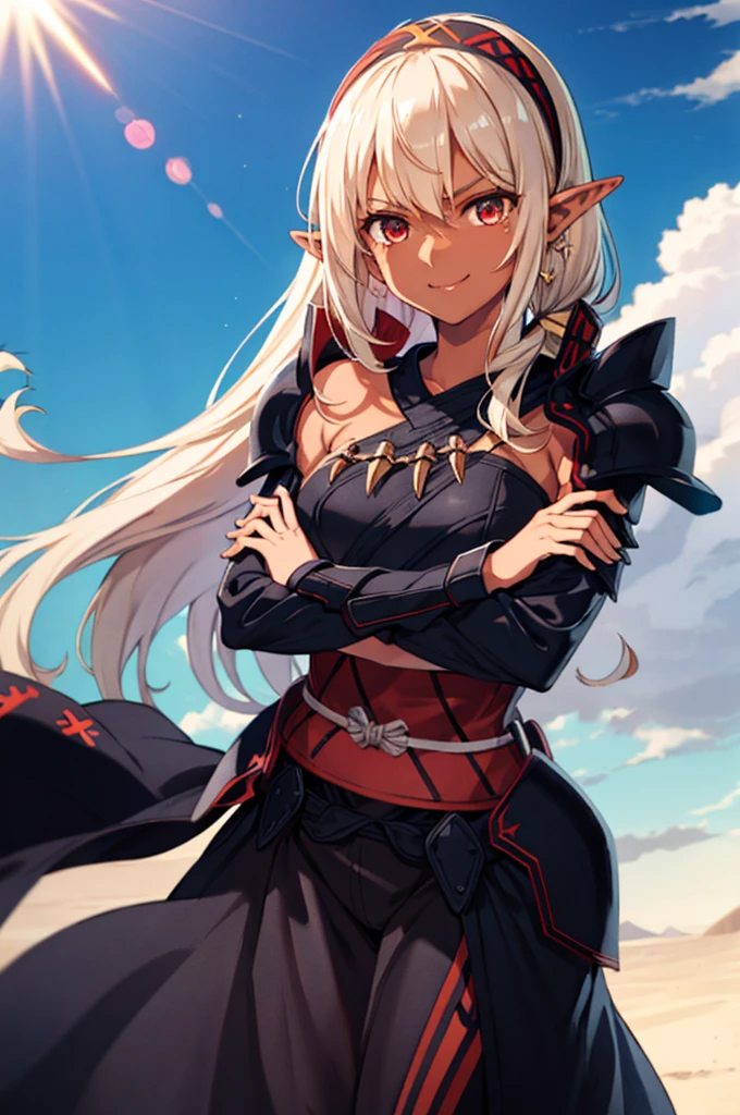 hairband, upper body, sash, blue sky, Standing at attention, dynamic pose, crossed arms, long black coat, blue armor, shoulder armor, long pointy ears, dark elf, dark skin, blonde hair, long hair, Side ponytail, (dark-skinned female:1.2), red eyes, 1 girl, 20yo,Young female, Beautiful Finger, Beautiful long legs, Beautiful body, Beautiful Nose, Beautiful character design, perfect eyes, perfect face, expressive eyes, looking at viewer, (Focus on her face), Light_smile, closed mouth, official art, extremely detailed CG unity 8k