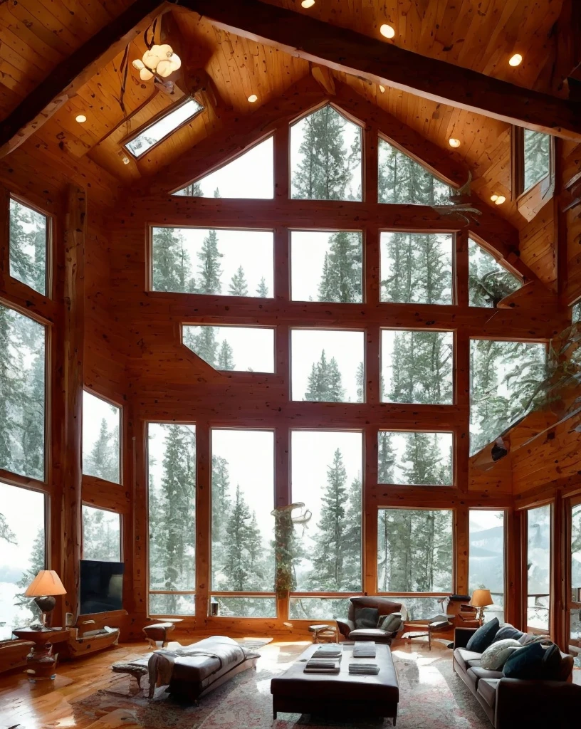 A double-height ceiling living room with a large, floor-to-ceiling window on one side log cabin. Outside is a dark snow-covered landscape. The living area is furnished with plush, contemporary sofas and chairs in neutral tones, grouped around a low, central coffee table. The room's color palette is composed of dark brown and warm tones, with the soft lighting from various lamps adding a cozy ambiance.