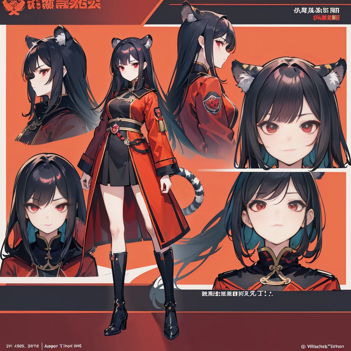 (Piece masuter,Best Quality,Ultra-detailed), (Character Sheet:1.2),full - body, supreme，1girll，long legs，burgundy and black shirts， ???????，windproof boots，orange, Large red and black trench coat，Long red and black hair，red eyes，standing pose，Red Katana，HighestQuali,4k，Chinese girl design，Tiger Girl, tiger hybrid, bare belly, Detailed Genshin graphics，anime character design，anime concept art，pretty anime character design，anime character reference sheet，[Character design]，4k，Detailed, Dark hair, super detaill, SolidBackground, higly detailed, 4k,Dagger Decoration,The same character