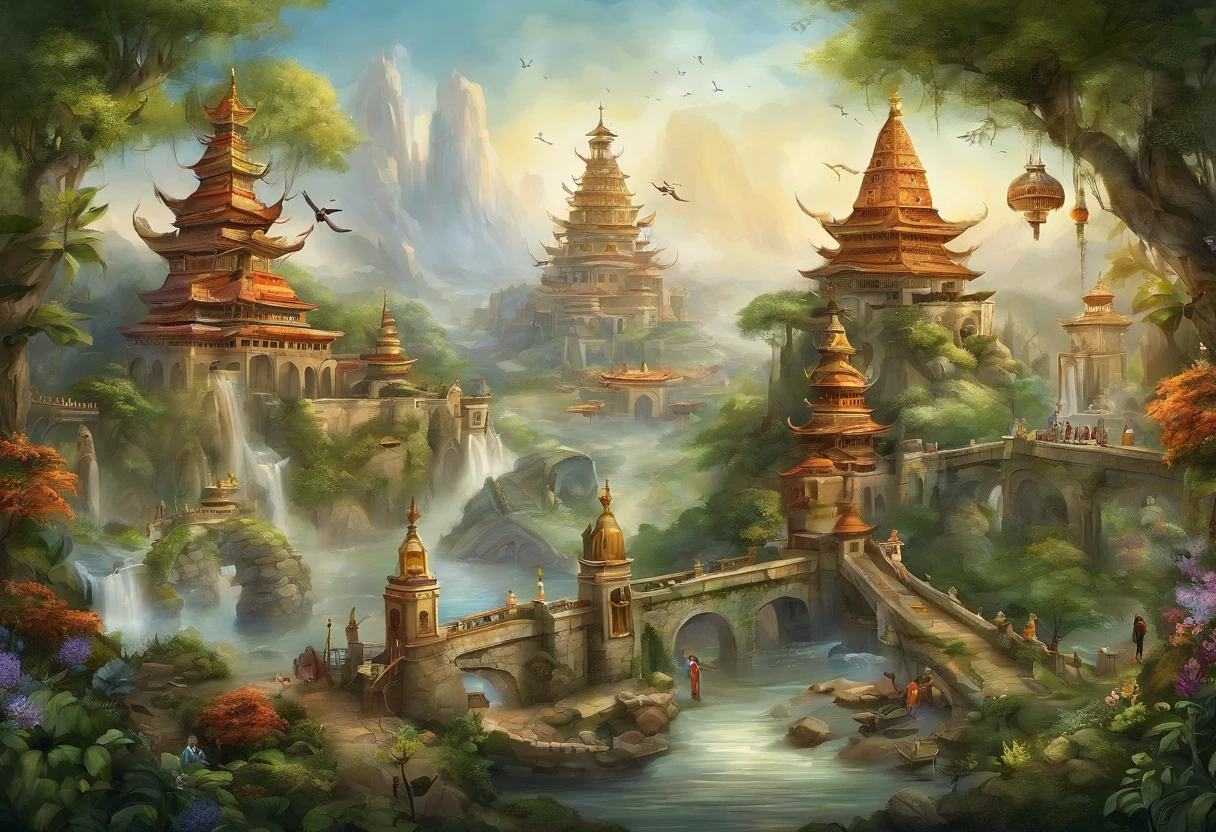 Background with: The background of the illustration is a majestic city, The architectural style combines classical and modern elements. Soaring towers and modern glass buildings complement ancient pavilions and temples. The city is surrounded by verdant forests and clear rivers, Reflects the harmonious coexistence of man and nature., fairy tale elements: In the center of the city, There is a huge secret garden, There are all kinds of wonderful plants and creatures growing inside. There is a talking tree, Singing birds and various cute animals. In the corner of the garden, There is a huge castle, Its towers soar into the sky, Legend has it that there was a benevolent king and his family., science fiction elements: In this utopian world, Technology and nature coexist harmoniously. High-speed maglev trains shuttle through the city, People fly freely in the air in environmentally friendly aircraft. The city is powered by renewable resources such as solar energy, Wind power and hydropower, Ensure ecological sustainable development., Chinese mythological elements: In this utopian world, Elements of Chinese mythology are also reflected. There are four huge stone statues around the city, They represent the green dragon, White Tiger, They are Red Bird and Xuanwu., Symbolizing the gods who protect the city. inca, There is also a splendid Heavenly Palace in the city., According to legend, it is the place where the Jade Emperor and the gods live.., Cultural integration: In this utopian world, Cultures of various countries coexist harmoniously, People respect and learn from each other's traditions and customs. Various architectural styles, Sculpture and art in the city, Showcasing the essence of cultures from around the world