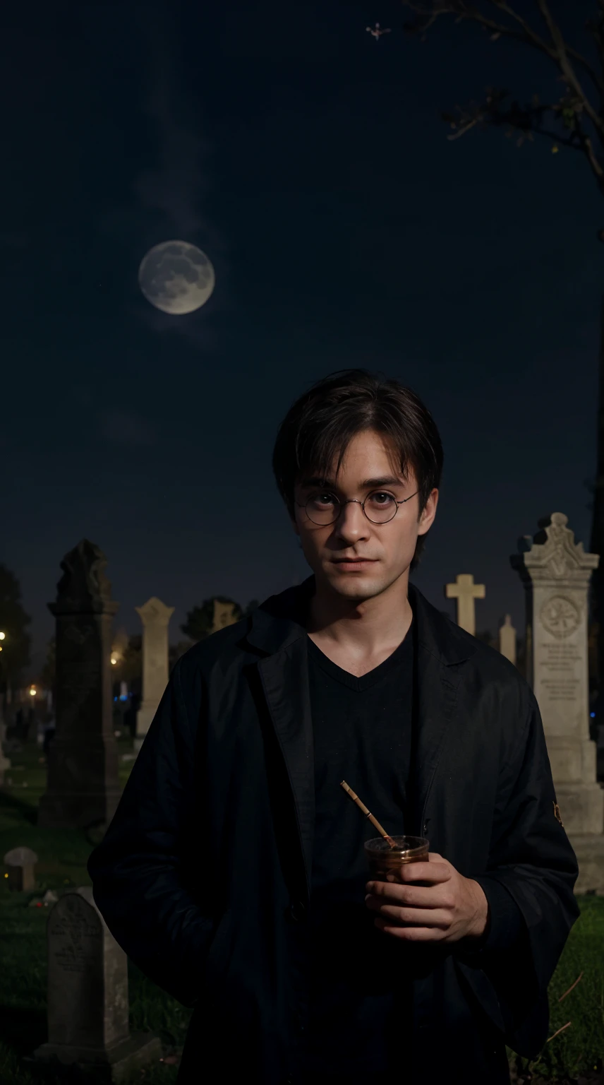 Harry Potter smokes cannabis in a cemetery, Moonlit night, Surprised face, Masterpiece, red-eyes,