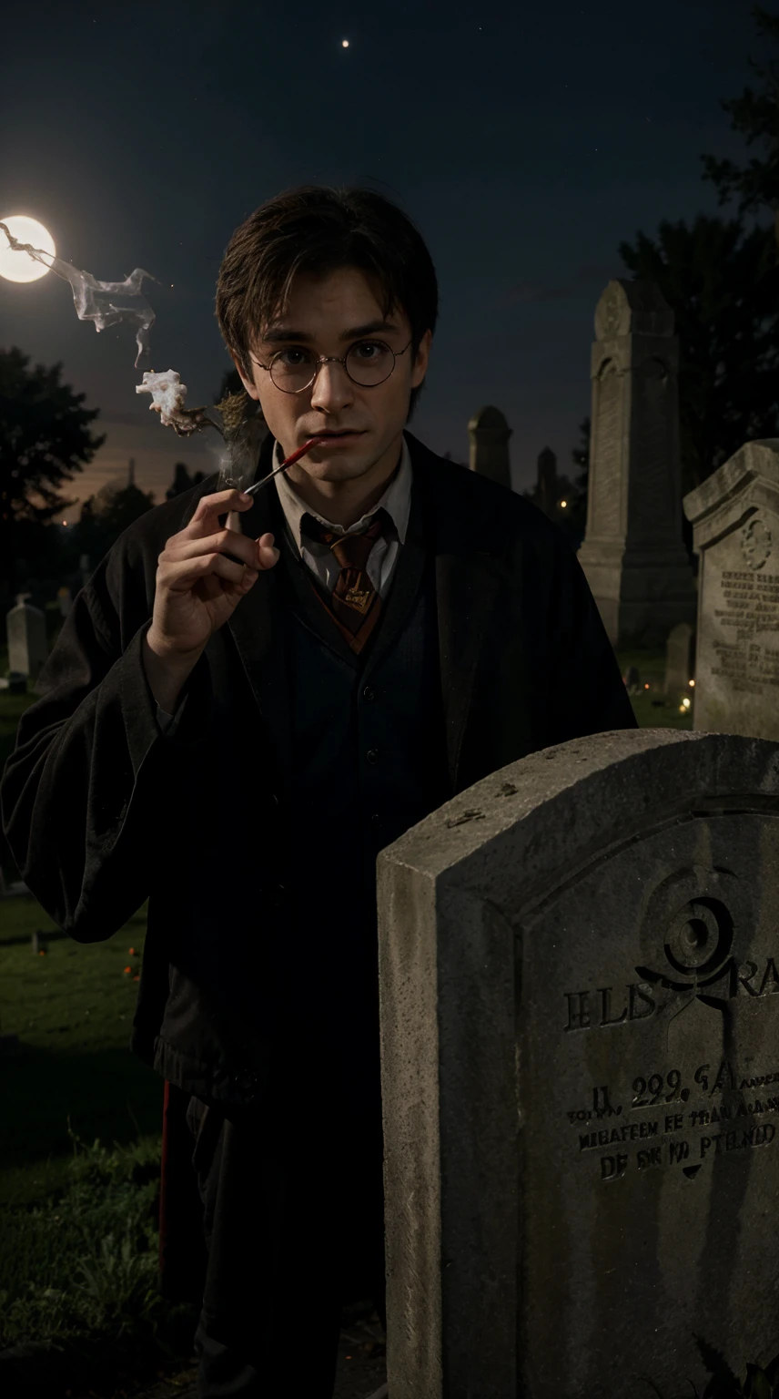 Harry Potter smokes cannabis in a cemetery, Moonlit night, Surprised face, Masterpiece, red-eyes,