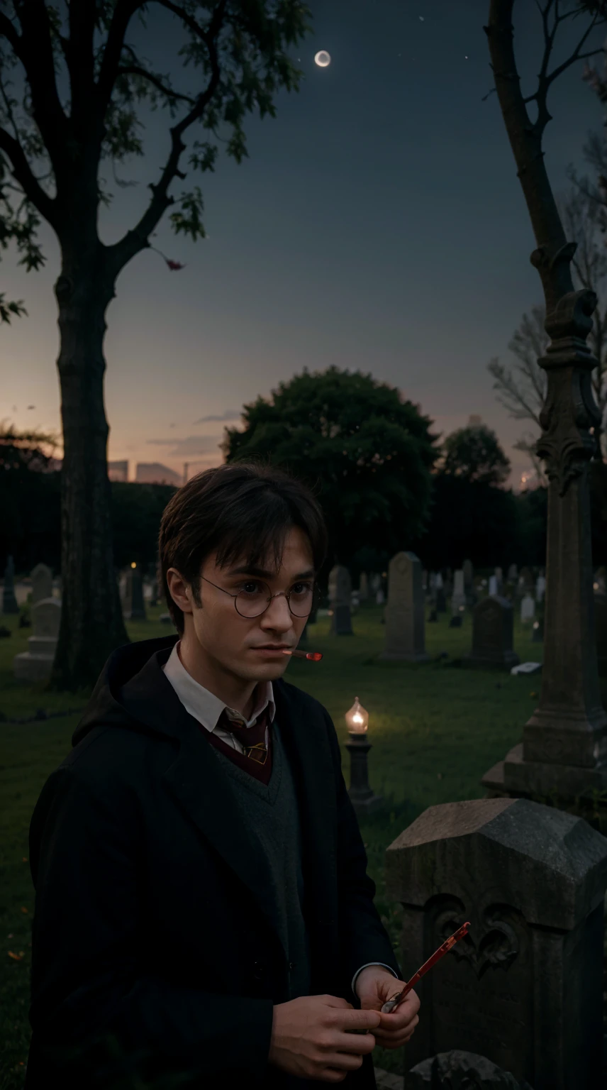 Harry Potter smokes cannabis in a cemetery, Moonlit night, Surprised face, Masterpiece, red-eyes,