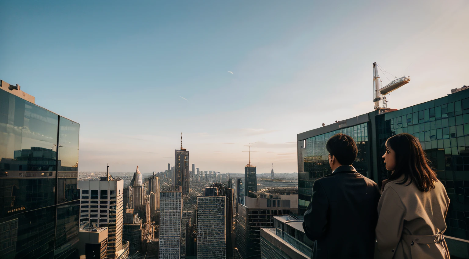 Cityscape with people looking up at empty sky