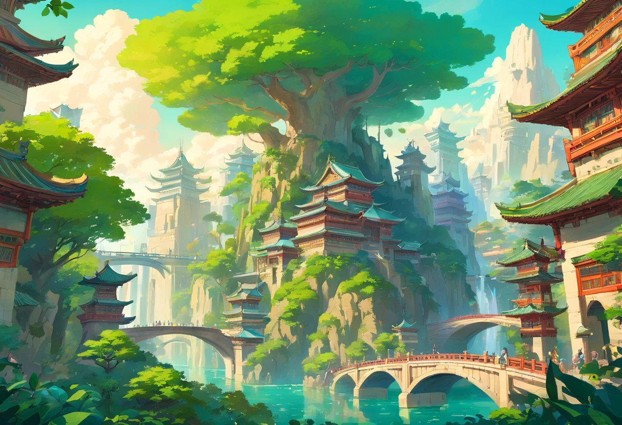 Background: The background of the illustration is a majestic city, The architectural style combines classical and modern elements. Soaring towers and modern glass buildings complement ancient pavilions and temples. The city is surrounded by a verdant forest and clear river, It shows the harmonious coexistence of man and nature., Fairy tale elements: in the heart of the city, There is a huge secret garden, All kinds of fantastic plants and creatures grow inside. There are talking trees, singing birds and all kinds of cute little animals. in a corner of the garden, There is a huge castle, Its towers reach into the sky, Legend has it that there lived a kind king and his family., Science fiction elements: in this utopian world, Technology and nature coexist harmoniously. High-speed maglev trains shuttle through the city, People are flying freely in the air in environmentally friendly aircraft. The city is powered by renewable resources such as solar, wind and hydropower, Guaranteed ecological sustainable development., Elements of Chinese Mythology: In this utopian world, Elements of Chinese mythology are also represented. There are four huge stone statues around the city, They represent the green dragon, white tiger, red bird and Xuanwu respectively., Symbolizes the gods who protect the city. also, There is also a splendid Heavenly Palace in the city, Legend has it that it is the place where the Jade Emperor and the gods live., Cultural fusion: in this utopian world, Cultures of various countries coexist harmoniously, People respect and learn from each other's traditions and customs. There are various styles of architecture, sculptures and artworks in the city, Showcasing the essence of cultures from around the world