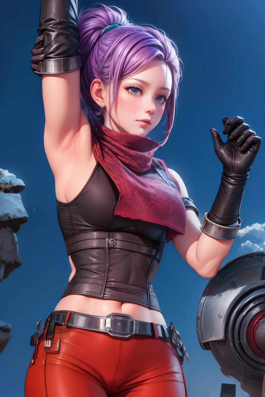 8k high resolution,detailded face,detailed bpdy,perfect body,ultra high quality,1 girl,sleeveless shirt,arms up,armpit, sweating