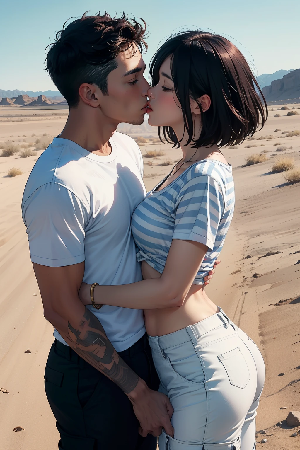 Man wearing blue shirt with white stripes and white pants kissing a sexy woman wearing a white t shirt and pink cargo pants in the desert