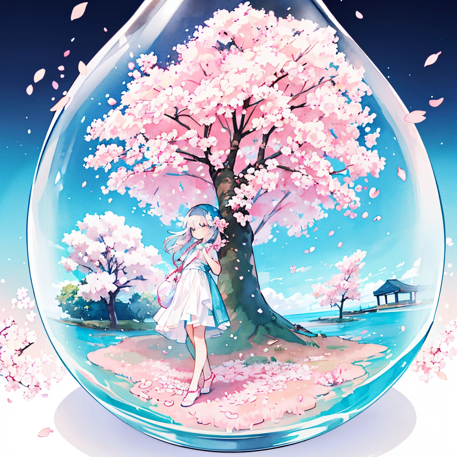 Transparent watercolor,Beautiful arrangements and motifs、Originality、depth of fields , Fantastic, Transparency、［girl with］［a person］、((Background Illustration))、((beautful view))、stylish background illustration、girl in a small bottle、economy in a small bottle、cherry blossoms and sea、Background white、cherry blossoms in a small bottle、Cherry blossom petals