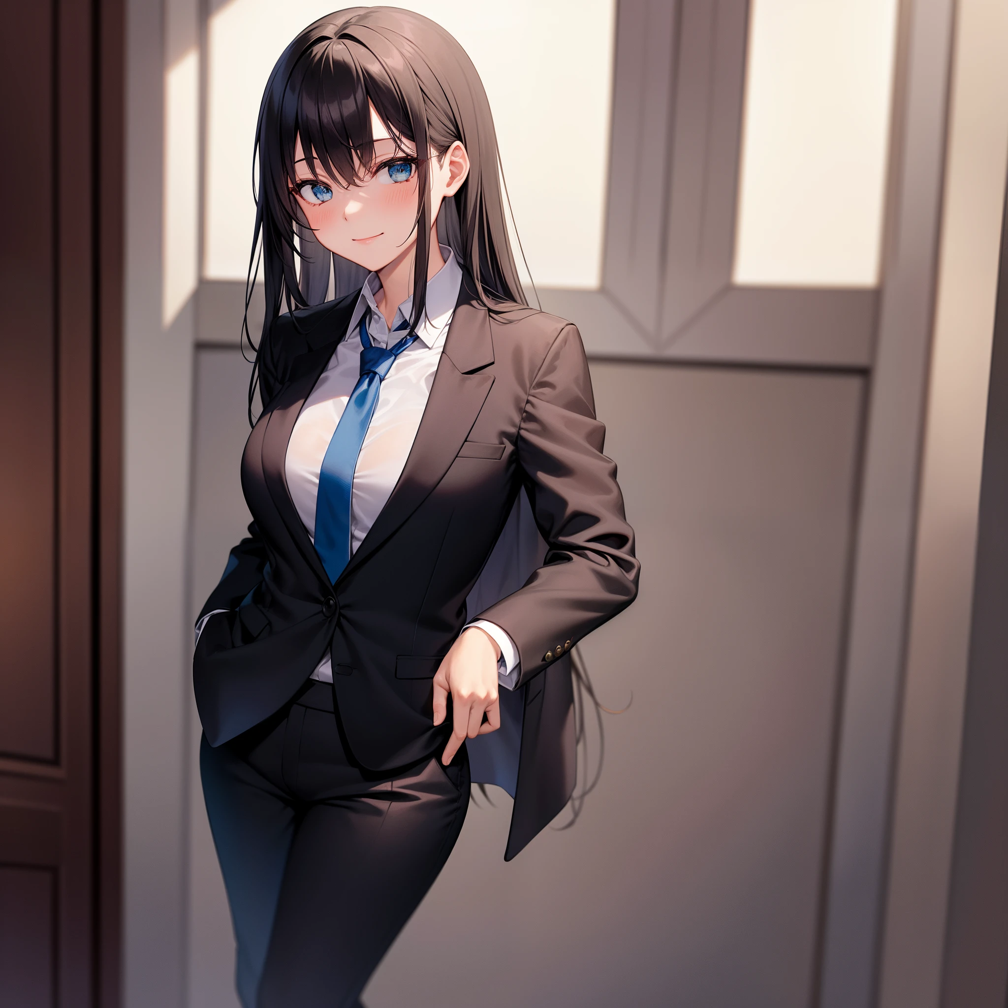 Yukinoshita yukino,woman in formal attireactive suit tuxedo tailcoat standing in a large alcove in the room, 1girl, solo, necktie, black hair, blue eyes, long hair, smile, jacket, looking at viewer, shirt, pants, blue necktie, collared shirt, white pants, white shirt, indoors, bangs, long sleeves, closed mouth, window, black jacket, blush, cowboy shot, formal, suit, full body