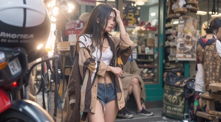 highly detailed RAW color Photo of, there is a beautiful woman standing in a shop with a motorcycle, Thai Girl, uhd candid photo of dirty, Sexy Thai woman walks past them, Stunning woman, Beautiful city only for beautiful women, Kar style Wai Wong, streetwear bra and shorts, beautiful female, Filmed with Leica SL2, Pretty girl, Video still, sexy girl, 4k, masterpiece, high res, high quality, best quality, uhd, realism, Ultra realistic, 16k, photo-realistic, spray tan, detailmaster2, steampunk style, HZ Steampunk