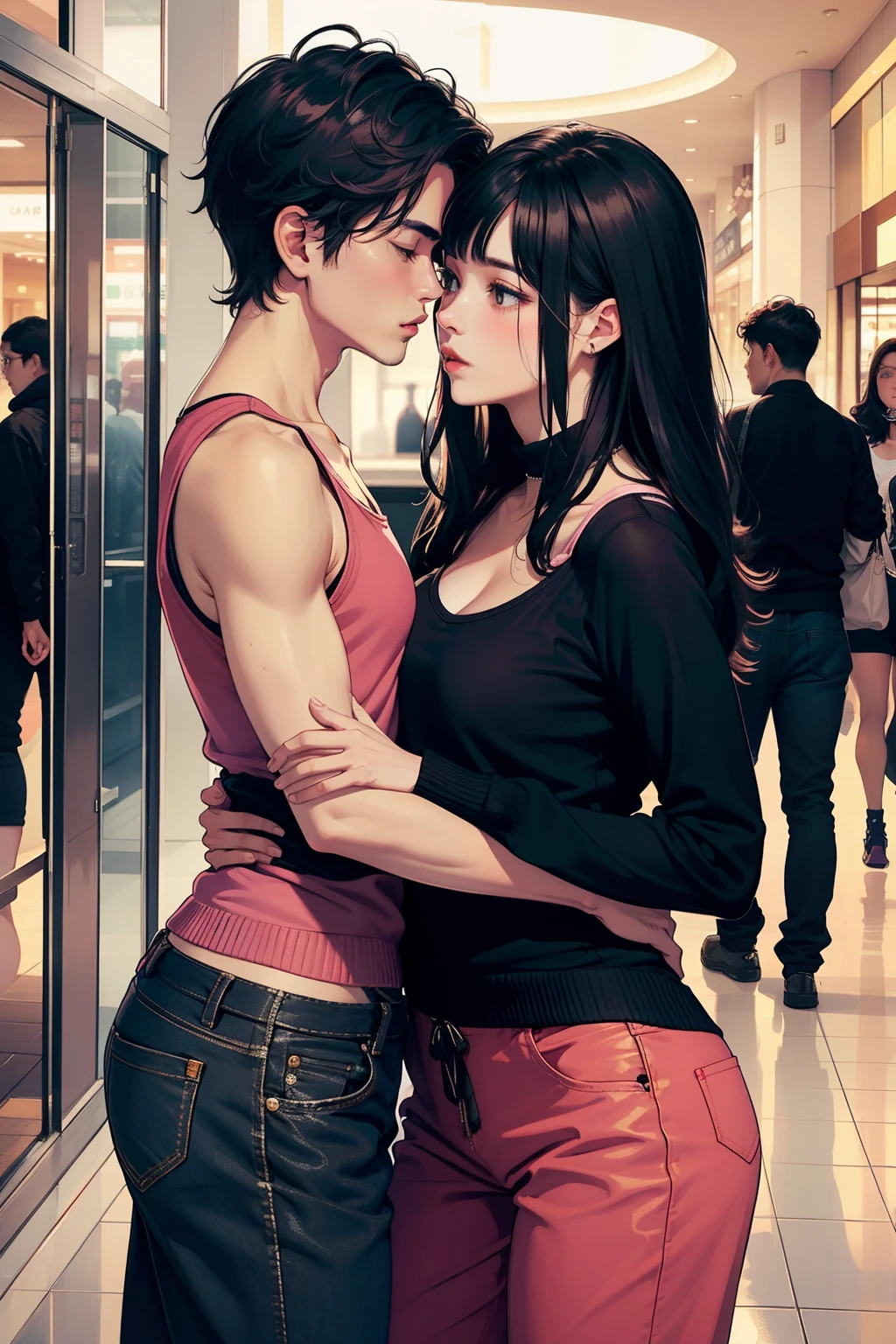 Amazing portrait of a man wearing pink long sleeved sweater and jeans kissing a sexy woman wearing a black tank top and leopard print shrug and black baggy pants in the mall with soft lighting showcasing their amazing bodies tangled together with love and lust