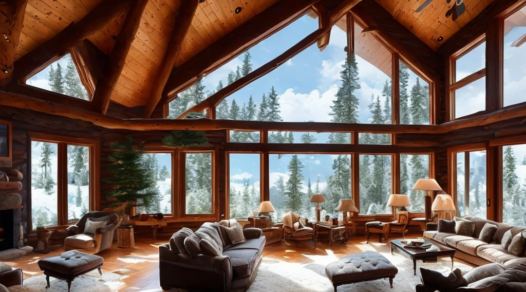 A double-height ceiling living room with a large, floor-to-ceiling window on one side log cabin. Outside is a dark snow-covered landscape. The living area is furnished with plush, contemporary sofas and chairs in neutral tones, grouped around a low, central coffee table. The room's color palette is composed of dark brown and warm tones, with the soft lighting from various lamps adding a cozy ambiance.