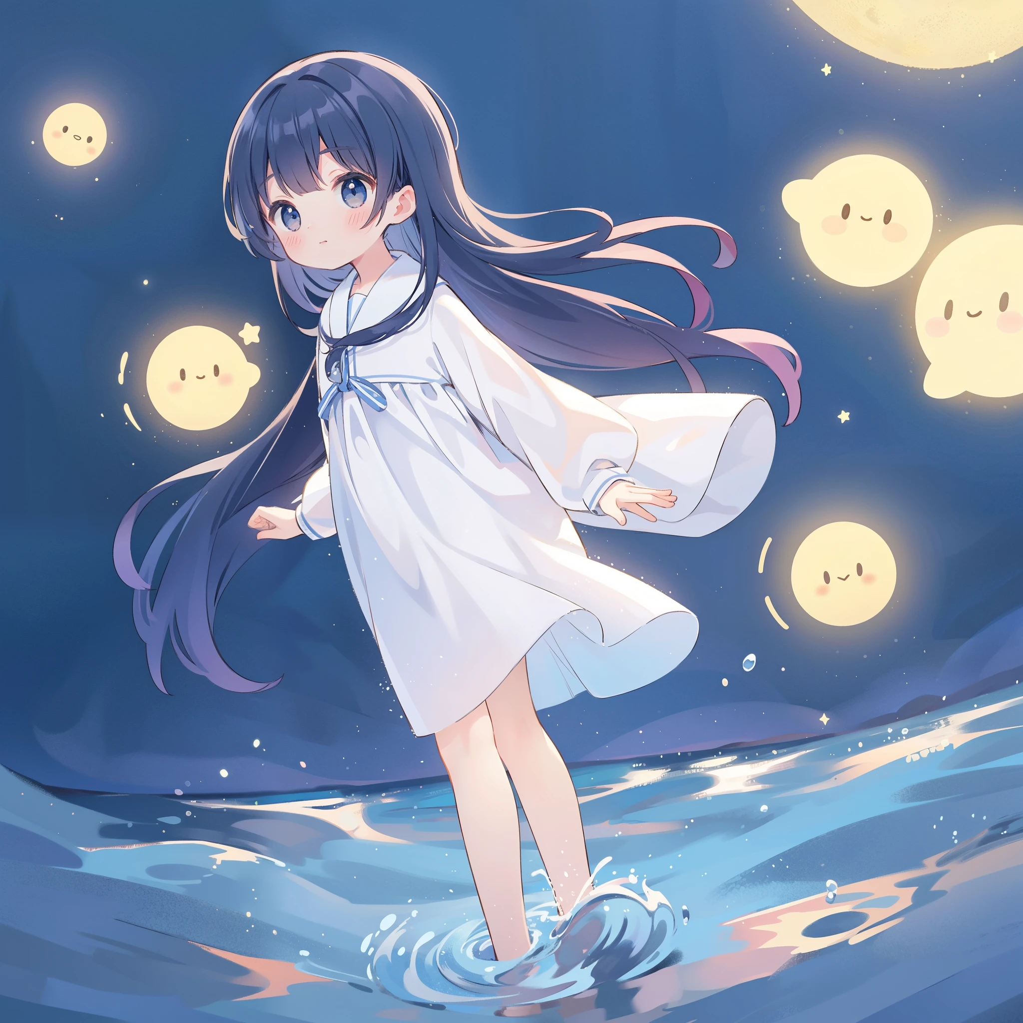 Top Quality, Masterpiece, Ultra High Resolution, Pretty Facial Features, Flat Design, Shoshi no Ko, Hoshino Ai, simple background, giant glowing cute stars, ziyu, colorful, cute girl standing in water, starry sky in background, huge full moon, water ripples, beautiful simple flowing white dress