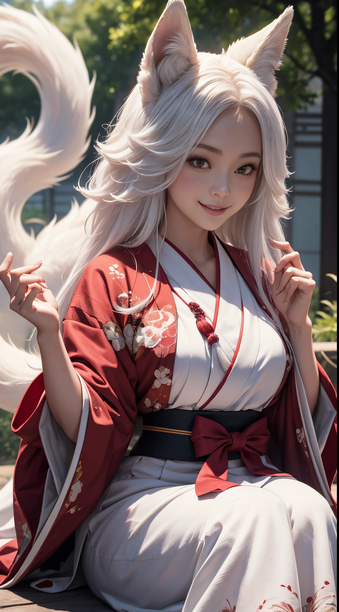 beautiful japanese young woman,Solo, Happy smiling official art, Unity 8k wallpaper, Ultra detailed, Beautiful and aesthetic, Beautiful, Masterpiece, Best quality, Kitsune witch, kitsune mask, Pink and white haori jacket, Foxfire spell, The fox is familiar, Transformation,Depth of field,