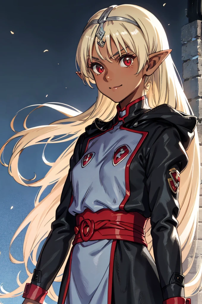 hairband, upper body, sash, blue sky,Standing at attention, dynamic pose, crossed arms, long black coat, blue armor, shoulder armor, long pointy ears, dark elf, dark skin, blonde hair, long hair, Side ponytail, (dark-skinned female:1.2), red eyes, 1 girl, 20yo,Young female, Beautiful Finger, Beautiful long legs, Beautiful body, Beautiful Nose, Beautiful character design, perfect eyes, perfect face, expressive eyes, looking at viewer, (Focus on her face), Light_smile, closed mouth, official art, extremely detailed CG unity 8k