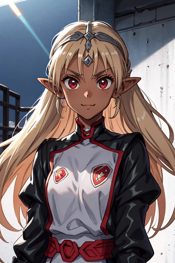 hairband, upper body, sash, blue sky,Standing at attention, dynamic pose, crossed arms, long black coat, blue armor, shoulder armor, long pointy ears, dark elf, dark skin, blonde hair, long hair, Side ponytail, (dark-skinned female:1.2), red eyes, 1 girl, 20yo,Young female, Beautiful Finger, Beautiful long legs, Beautiful body, Beautiful Nose, Beautiful character design, perfect eyes, perfect face, expressive eyes, looking at viewer, (Focus on her face), Light_smile, closed mouth, official art, extremely detailed CG unity 8k