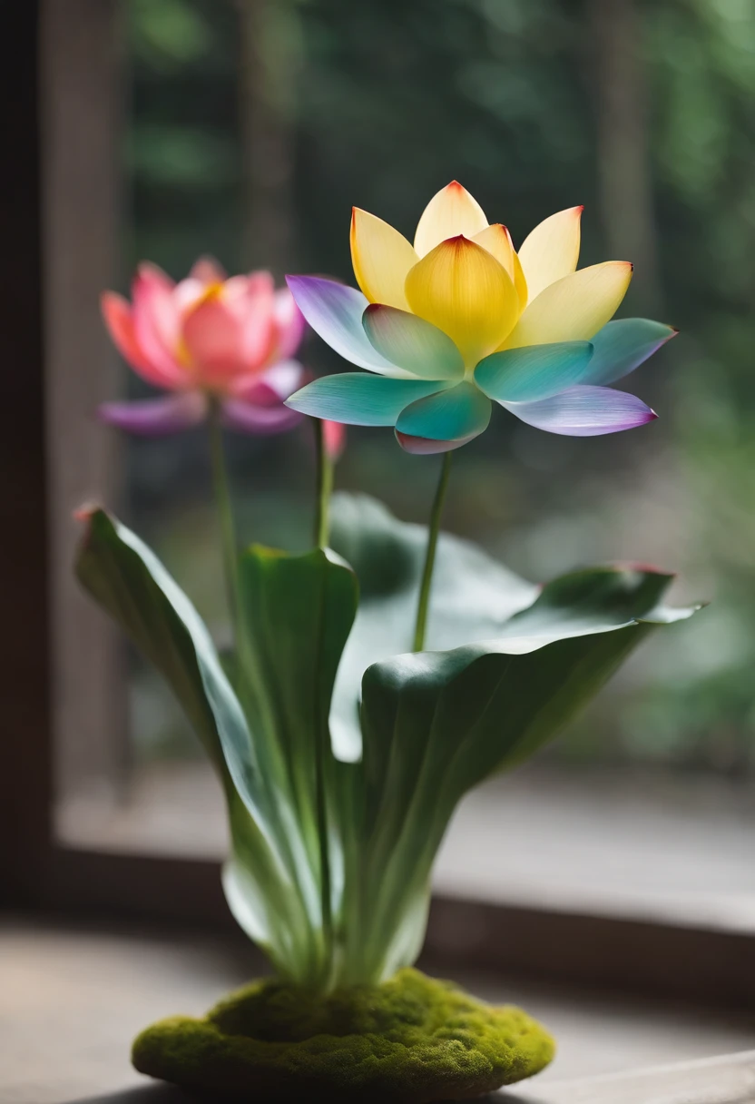 (tmasterpiece,hyper-detailing,high qulity:1.3)Colorful Pearl Lotus。Its colors are as colorful as a rainbow,Each petal exudes a unique light。From the outside in,The order is red、de cor laranja、yellow、green、green grass、blue、Seven colors of purple,Its flowers take on a peculiar shape,Composed of seven lotus petals,Each lotus petal is inlaid with a crystal clear bead。These beads emit colorful light,Like stars dotted in the night sky。The shape of the entire flower is like a blooming lotus,The petals are wide and full,exudes an intoxicating fragrance。