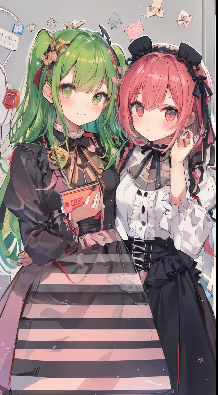 looking happy smile、（（two people hugging in the room:1.8））,(blush:1.1),Choker,tome&#39;same as them&#39;having a physical fight、top-quality、masutepiece、Blushing cheeks、Mine makeup、Yandere Images、black and red lolita fashion、One person shortcuts、Colorful long hair、《Messy room》、bustup、The style is very good、two women appear、femele２a person
