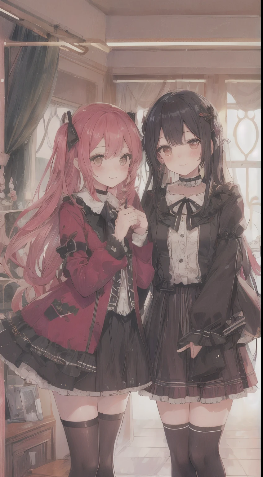 looking happy smile、（（two people hugging in the room:1.8））,(blush:1.1),Choker,tome&#39;same as them&#39;having a physical fight、top-quality、masutepiece、Blushing cheeks、Mine makeup、Yandere Images、black and red lolita fashion、One person shortcuts、Colorful long hair、《Messy room》、bustup、The style is very good、two women appear、femele２a person