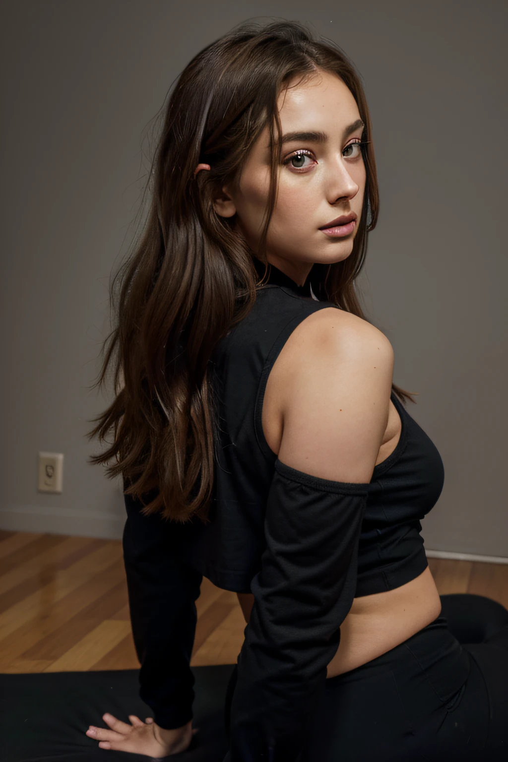 there is a woman in a black top and a black jacket, portrait sophie mudd, , thick neck, 24 year old female model, angelawhite, violet myers, 22 years old, she is wearing a black tank top, 21 years old, profile image, italian, Alycia Debnam-Carey, looking straight ahead,hazel eyes, realistic, post-processing, maximum detail, portrait shot, doing yoga on yoga mat, stretching