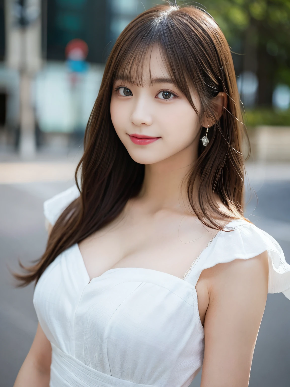 masutepiece, Best Quality, Illustration, Ultra-detailed, finely detail, hight resolution, 8K Wallpaper, Perfect dynamic composition, Beautiful detailed eyes, She wears a white dress,Medium Hair,Natural Color Lip, Bold sexy poses,Smile,Harajuku、20 years girl、Cute、Sexy shot looking at camera、C Cup、Brown hair、caste-like face、Blurry white background