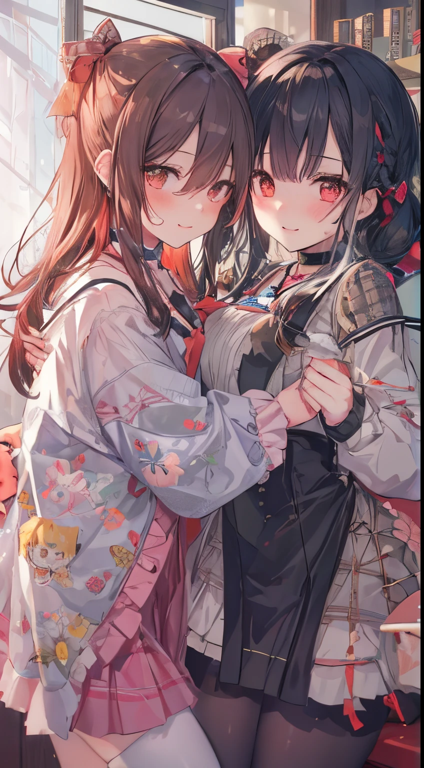 looking happy smile、((two people hugging in the room:1.8)),(blush:1.1),Choker,tome'same as them'having a physical fight、top-quality、masutepiece、Blushing cheeks、Mine makeup、Yandere Images、black and red lolita fashion、One person shortcuts、Colorful long hair、《Messy room》、bustup、The style is very good、two women appear、femele2a person