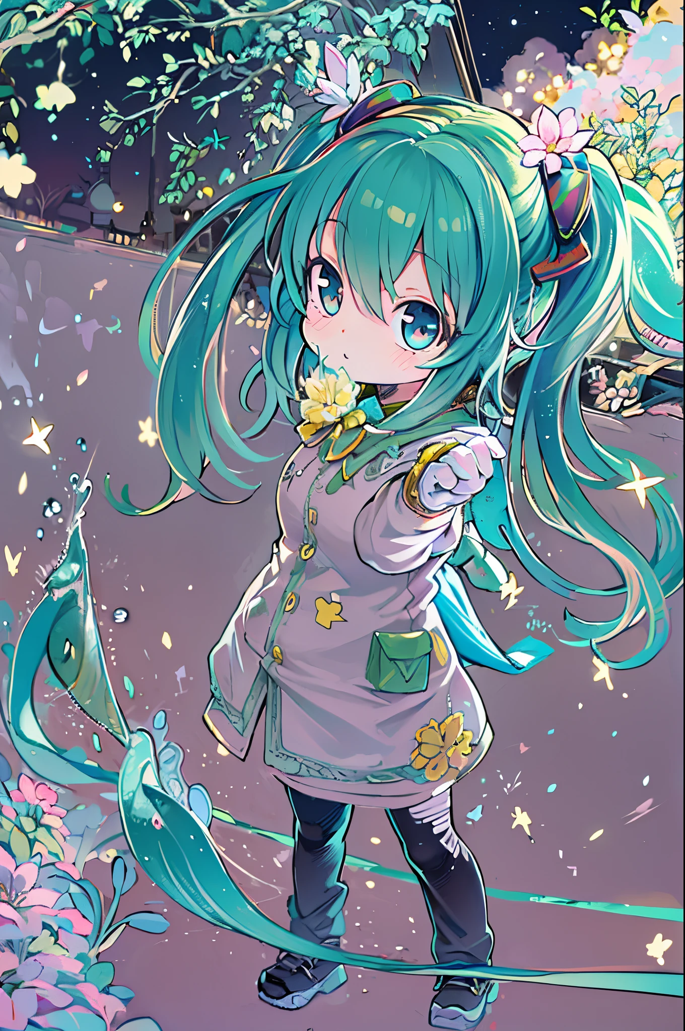 (Best Quality, masutepiece), 1girl in, Pose, Particle, Wind, flower, Upper body, Simple background, Looking at Viewer,miku hatsune, Galaxy,