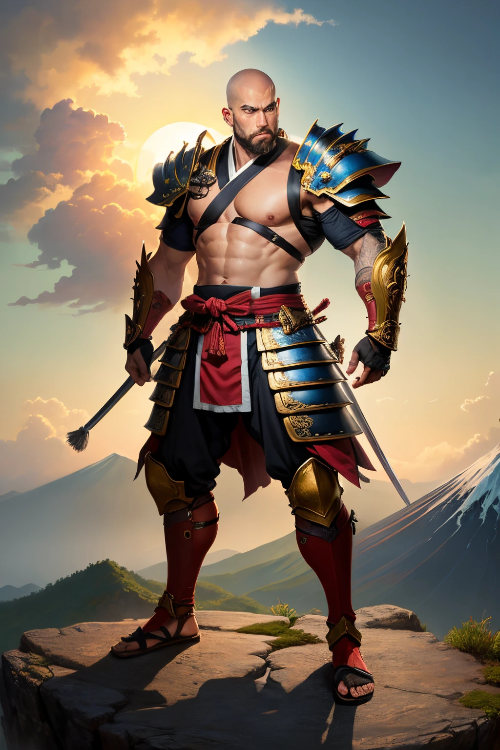 A full color anime drawing of a god-like warrior named Kenji, anime style, he is half japanese half spanish, handsome, a young man's face with a short beard, brown eyes, he is tall and lean, his head is shaved with stubble, he is a thinker but very athletic, full decorative and ornate magic armor with elements of japanese samurai armor and the japanese flag, he is a smart man, he is standing in a fighting stance, on top of Mount Fuji with the rising sun in the background, he's ready to do battle, he is wearing gloves made of magic iron with glowing dark red magic, serious, he is ready for action, (full body portrait), (high definition), (high quality), ((masterpiece)), mystical