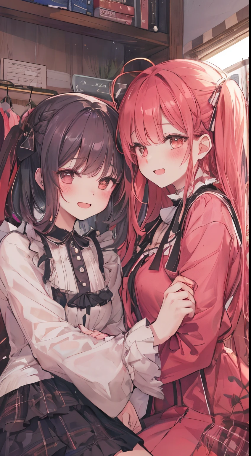 looking happy smile、((two people hugging in the room:1.8)),(blush:1.1),Choker,tome'same as them'having a physical fight、top-quality、masutepiece、Blushing cheeks、Mine makeup、Yandere Images、black and red ta fashion、One person shortcuts、Colorful long hair、《Messy room》、bustup、The style is very good、two women appear、femele2a person