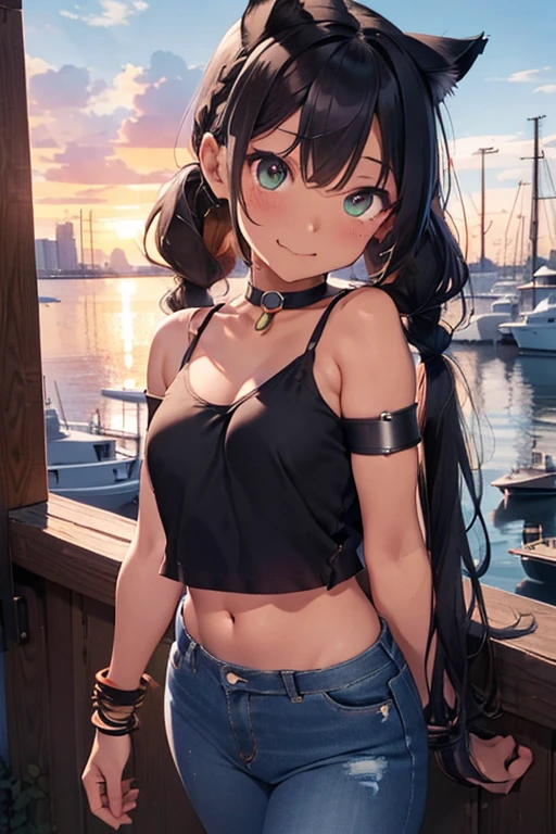 nsfw、masterpiece、best quality、super detailed dark skin、1catgirl、(((adult woman face)))、jade green eyes、dark skin、cat ears、horse tail、hair/(braided side pigtails)、flipped hair、midnight black hair、cleavage、(arms free)、(shoulders free)、(neck free)、wrists/(bracelets:1.3)、upper arms/(leather wristbands:1.3)、top/(small torn top:1.3)、pants/(small tight torn denim hot pants)、background/(sunset city-harbor)、evil smile、mischievous face expression、sticking tongue out
