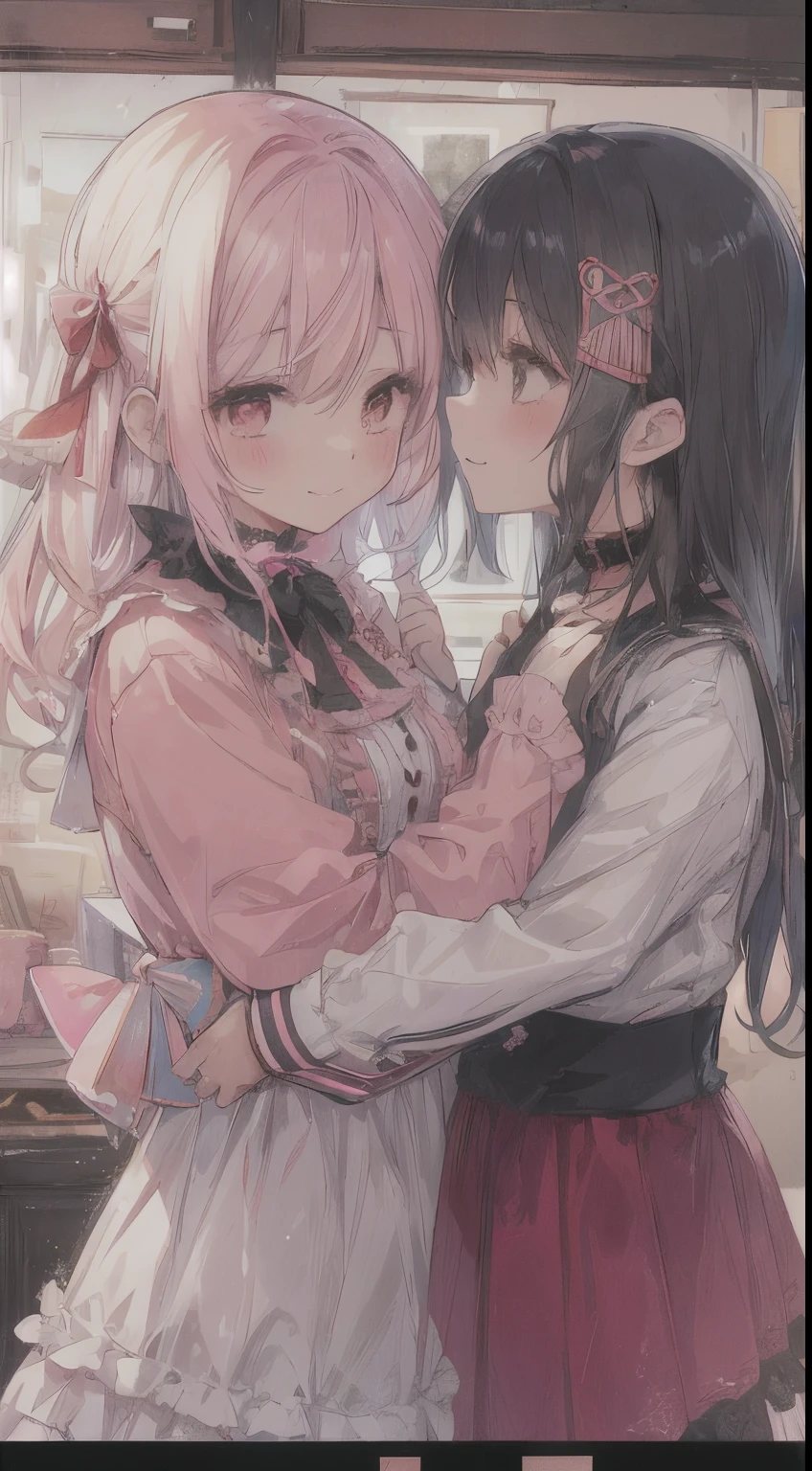 looking happy smile、（（two people hugging in the room:1.8））,(blush:1.1),Choker,tome&#39;same as them&#39;having a physical fight、top-quality、masutepiece、Blushing cheeks、Mine makeup、Yandere Images、black and red lolita fashion、One person shortcuts、Colorful long hair、《Messy room》、bustup、The style is very good、two women appear、femele２a person