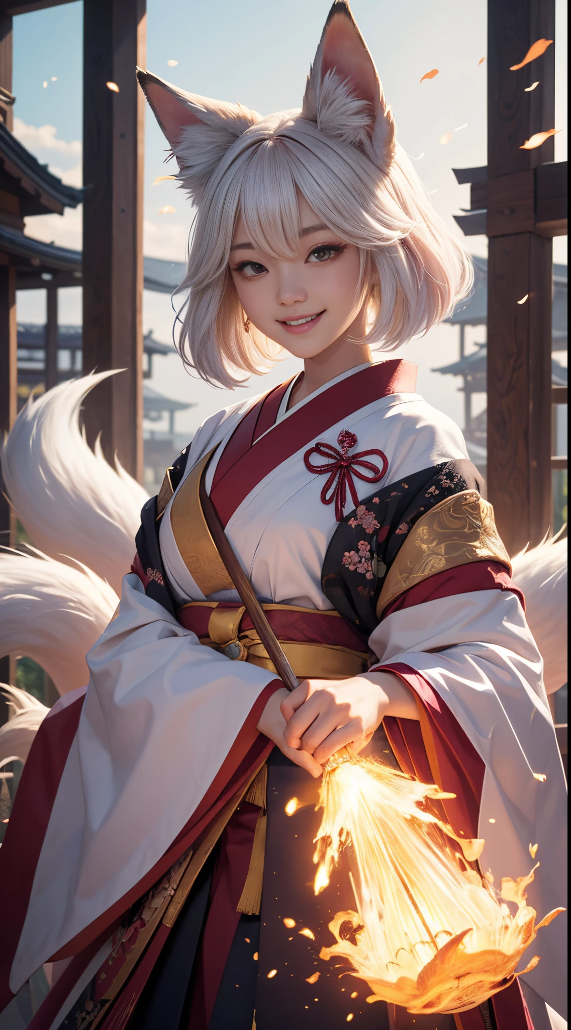 beautiful japanese young woman,Solo, Happy smiling official art, Unity 8k wallpaper, Ultra detailed, Beautiful and aesthetic, Beautiful, Masterpiece, Best quality, Kitsune witch, kitsune mask, Pink and white haori jacket, Foxfire spell, The fox is familiar, Transformation,Depth of field,