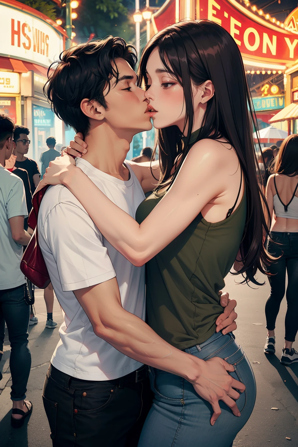 Man wearing maroon full sleeved t shirt and ripped jeans kissing a sexy woman wearing a olive green tank top, white shirt and pants in an amusement park