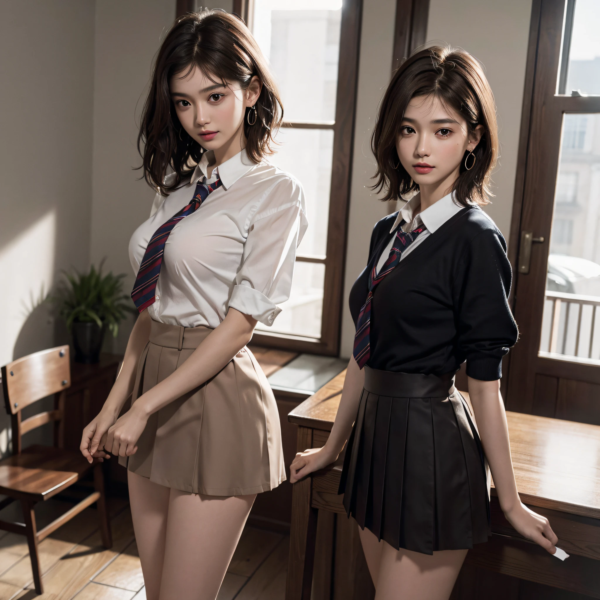 absurderes, Raw photo, Extremely delicate and beautiful, masutepiece, Best Quality, Ultra High Resolution, 16 K, hyper realisitic, Ultra-detailed, Perfect Anatomy, super detailed skin, Perfect figure, Very detailed CG 8k wallpaper, in her 20s, Very slim body, Narrow waist, Very small head, Very small face, Delicate facial features, tear moles, Earring, thin legs, (very massive round chest), Full body shot, Short hair, (Wavy Hair), (light brown hair), (Wet clothes), (3 girls), ((School uniform)),