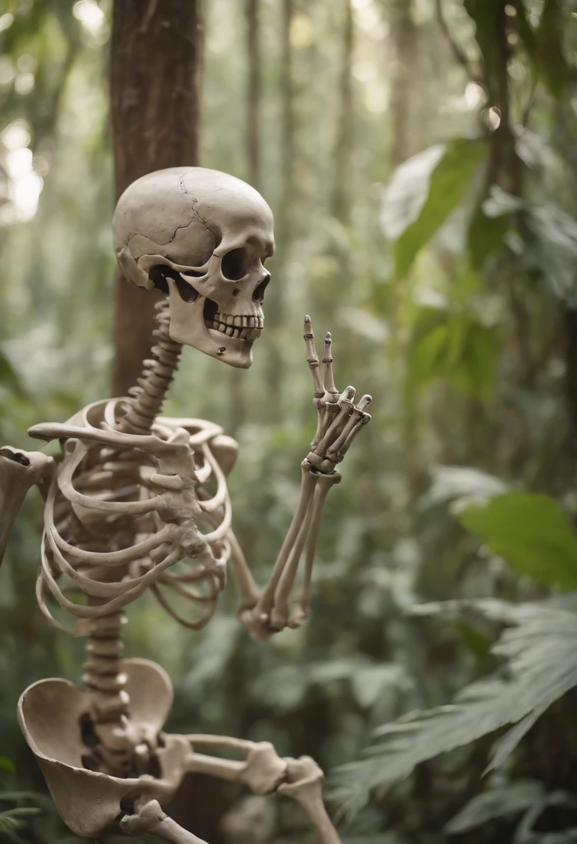 a skeleton ((showing the middle finger)) in the jungle