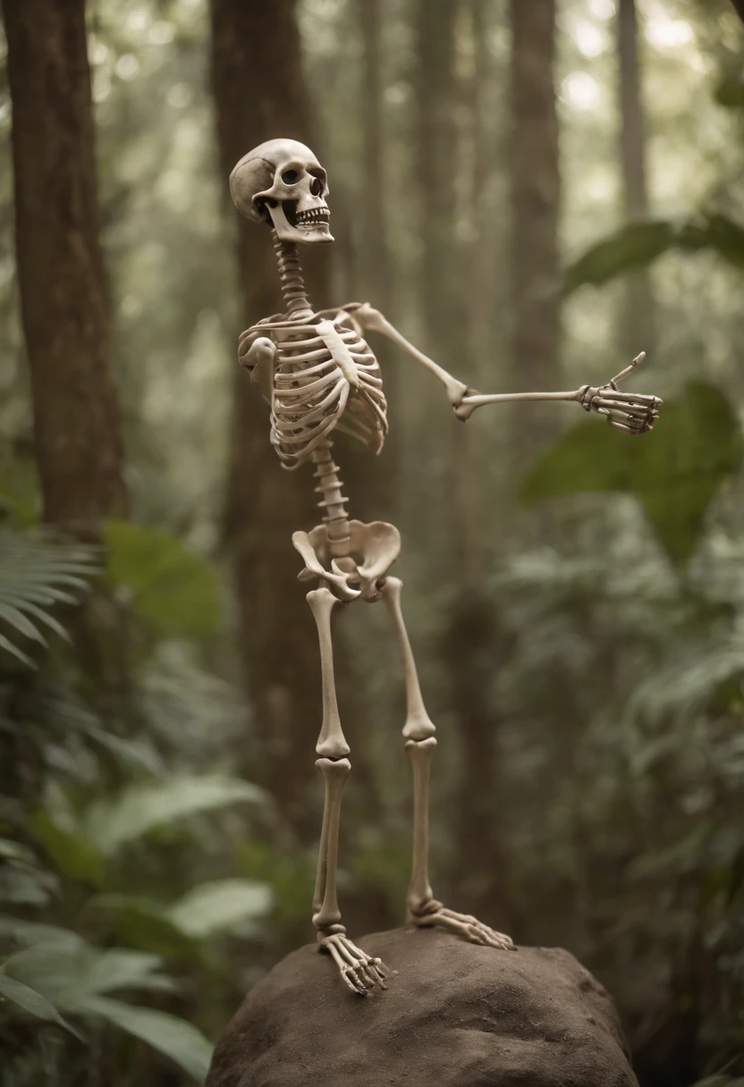 a skeleton ((showing the middle finger)) in the jungle