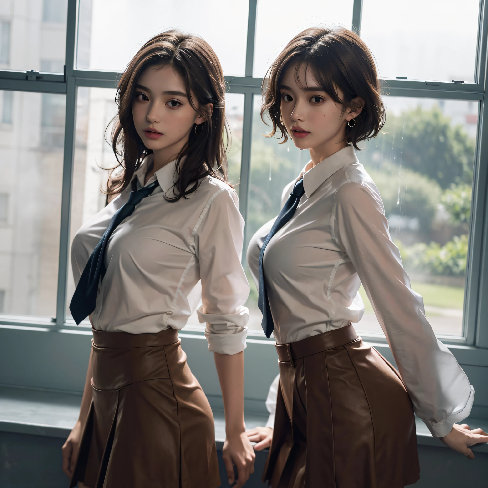 absurderes, Raw photo, Extremely delicate and beautiful, masutepiece, Best Quality, Ultra High Resolution, 16 K, hyper realisitic, Ultra-detailed, Perfect Anatomy, super detailed skin, Perfect figure, Very detailed CG 8k wallpaper, in her 20s, Very slim body, Narrow waist, Very small head, Very small face, Delicate facial features, tear moles, Earring, thin legs, (very massive round chest), Full body shot, Short hair, (Wavy Hair), (light brown hair), (Wet clothes), ((2 girls)), ((School uniform)),