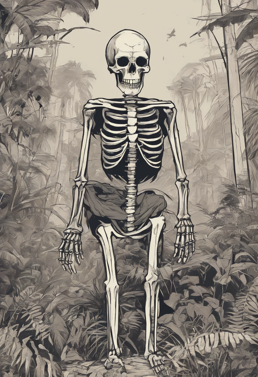 a skeleton ((showing the middle finger)) in the jungle