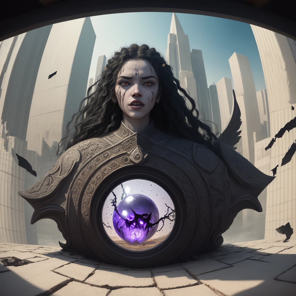 Absurd, high resolution, ultra-detailed, (1 girl:1.3), broken, design a beautiful temple scene, intricate architecture, lush gardens, and a sense of peace and spirituality. Broken, creating an image of a destructive demon with terrifying features, dark powers, and a thirst for chaos and destruction. Broken, designed with a fisheye effect image that captures a wide field of view with a unique curved viewing angle. Break to create rooftop views in urban environments with panoramic cityscapes, dramatic skylines, and a sense of elevation. Break , illustrating the tender moments between black angel king and energy of purple color, capturing their bonds, love, and connection. Broken, using pointillism to illustrate images, carefully placed tiny dots of color to create a cohesive and visually stunning whole.