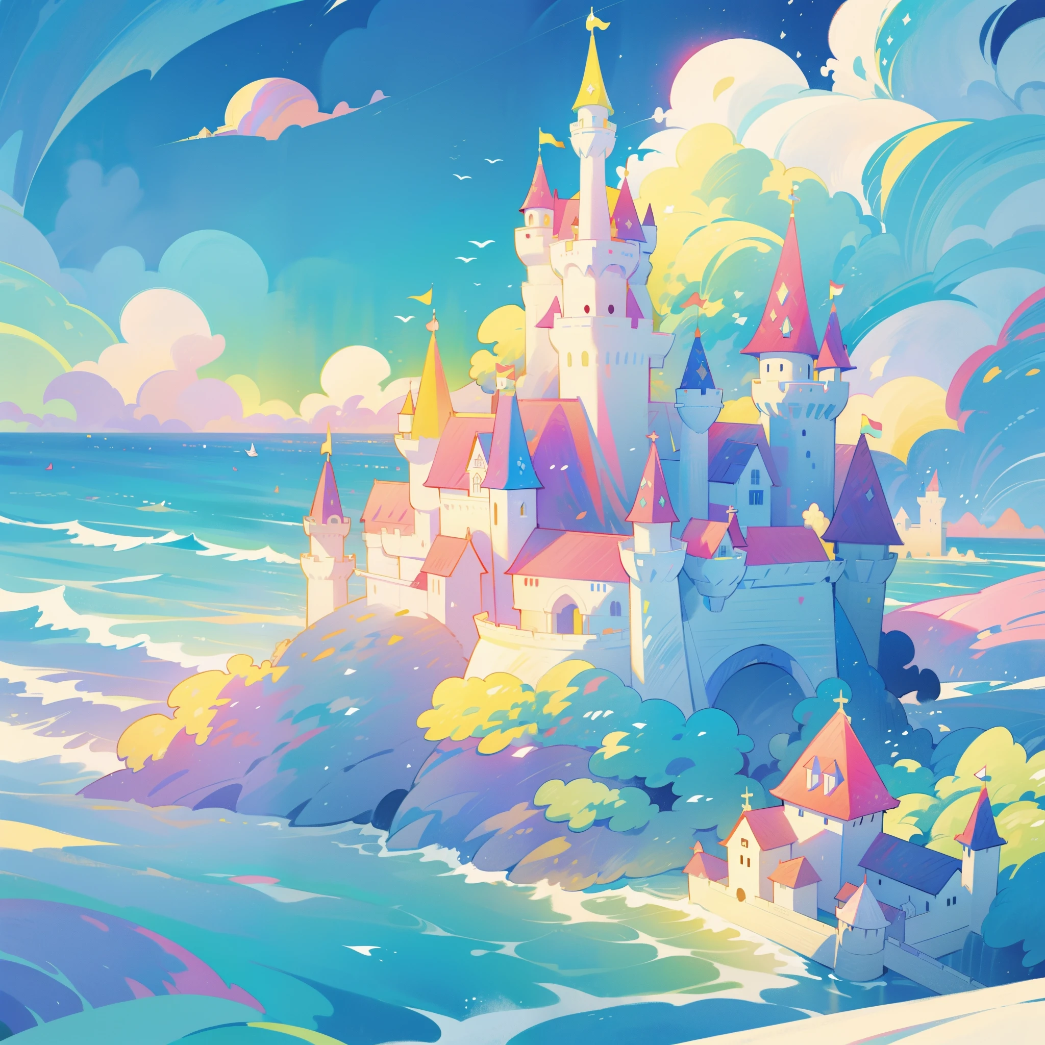 picture book illustration, watercolor storybook illustration, ((seaside castle)), (ocean beach), ((fantasy castle)), fairytale towers, clouds, vibrant pastel colors, dream, colorful, whimsical, magical, masterpiece, best quality, sharp focus, intricately detailed environment, fine detail, 8k resolution, (colorful), cute